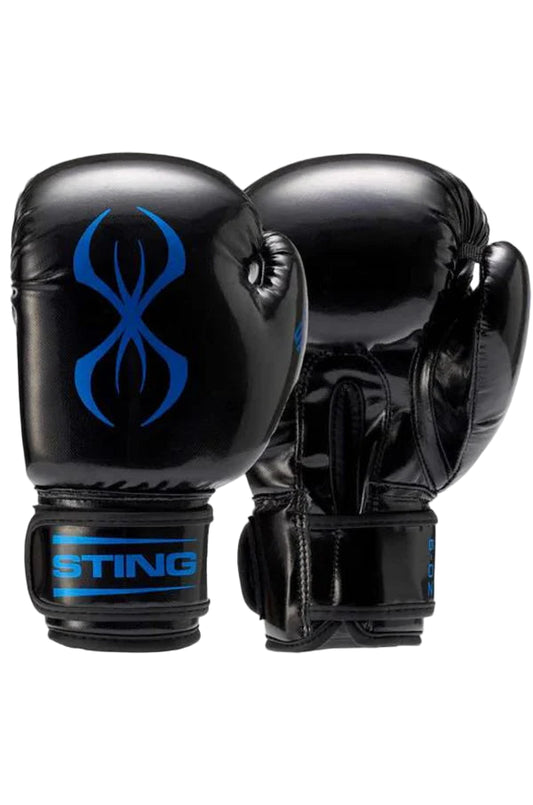 Black boxing gloves with blue logo and 'Sting' branding on a white background