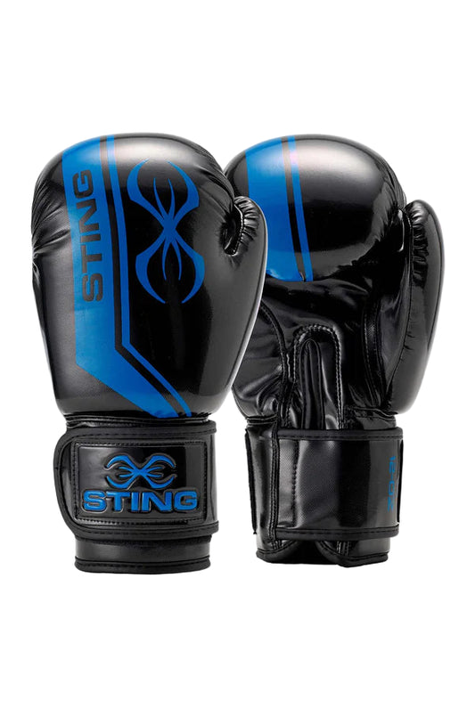 Black and blue boxing gloves with Sting logo on a white background