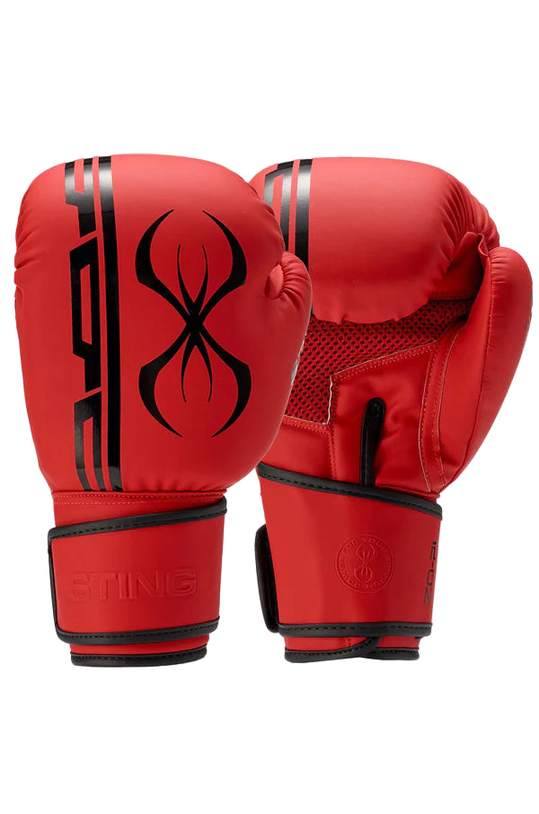 Red boxing gloves with a black logo on a white background