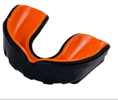 Two mouthguards, one blue and white, one orange and black, on a white background.
