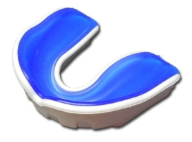 Blue and white mouthguard on a white background