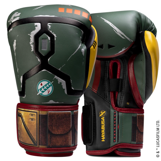 Hayabusa Star Wars Boba Fett Boxing Gloves featuring Mandalorian armor design with green, red, and yellow detailing for advanced protection.