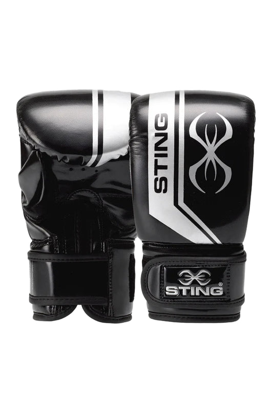 Black boxing gloves with Sting branding on a white background