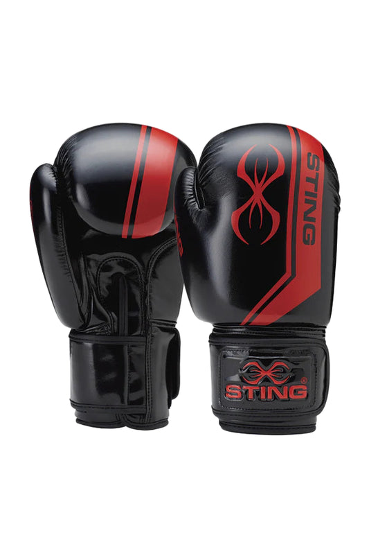 Black and red boxing gloves with 'Sting' branding on a white background
