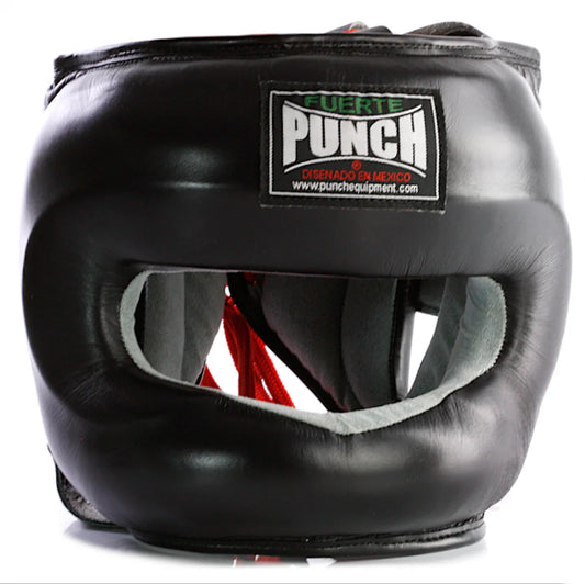 Punch Ultra Nose Protector Head Guard in black leather with full face and nose bridge protection, ideal for boxing and martial arts training.