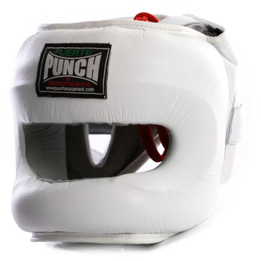 Punch Ultra Nose Protector Head Guard in white leather with full face and nose bridge protection, ideal for boxing and martial arts training.
