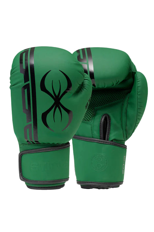 Green boxing gloves with a black logo on a white background