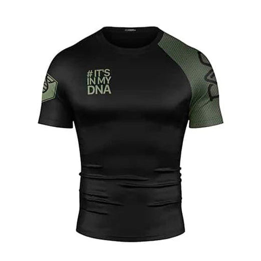 Black athletic shirt with green accents and text on a white background