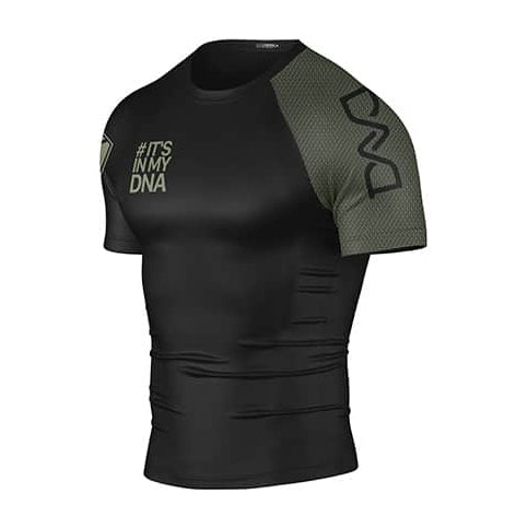 Black athletic shirt with text and branding on a white background