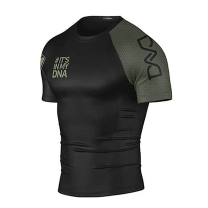 Black athletic shirt with text and branding on a white background