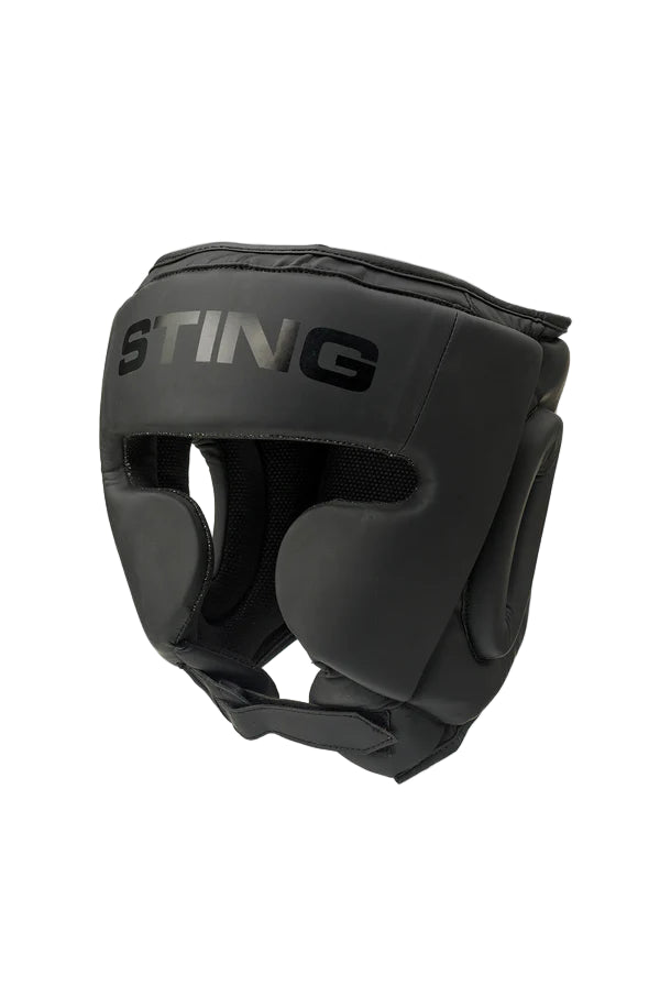 Black boxing headgear with 'STING' branding on a white background