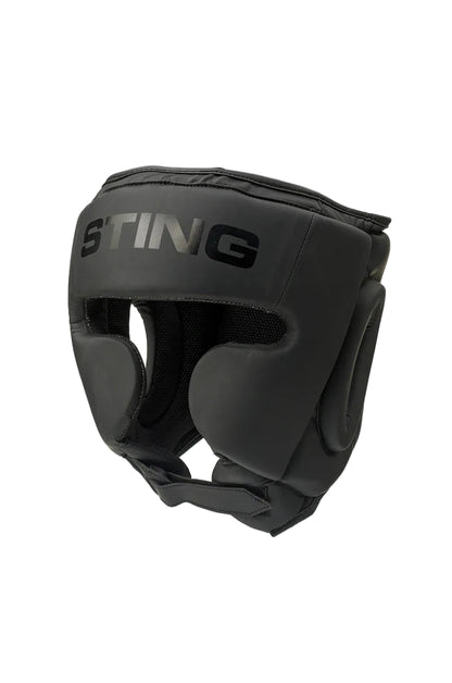 Black boxing headgear with 'STING' branding on a white background
