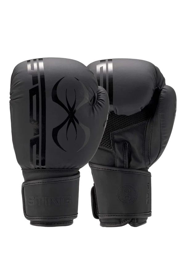 Pair of black boxing gloves with a logo on a white background