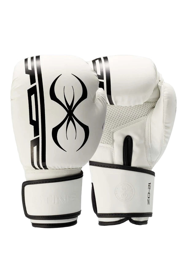 White boxing gloves with black logo on a white background