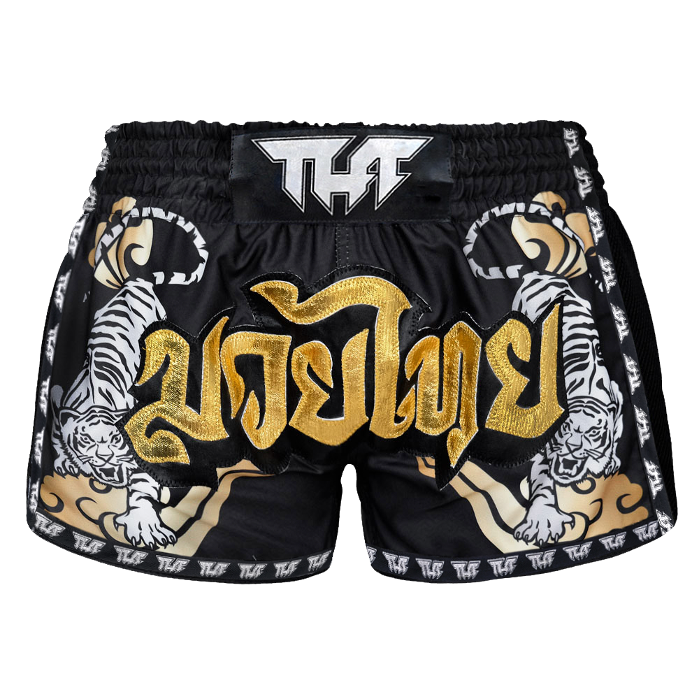 Tuff Black Double Tiger Retro Muay Thai Shorts