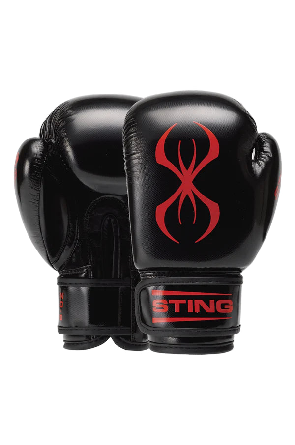 Black boxing gloves with red logo and 'STING' branding on a white background